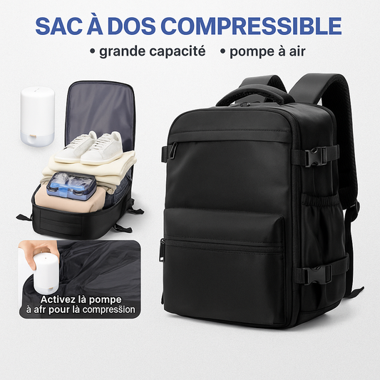 Sac à dos de voyage compressible – Grande capacité 20 à 35L avec système de compression sous vide